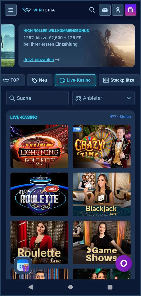 Alle Live-Casino auf einen Blick bei Wintopia
