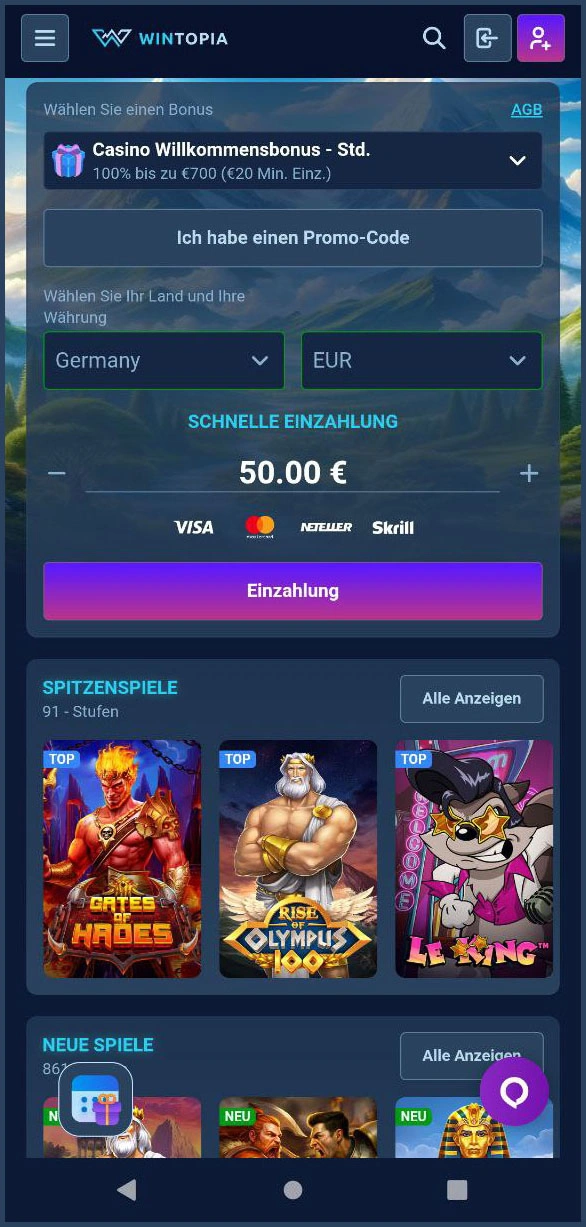 Übersicht der Wintopia-Hauptseite