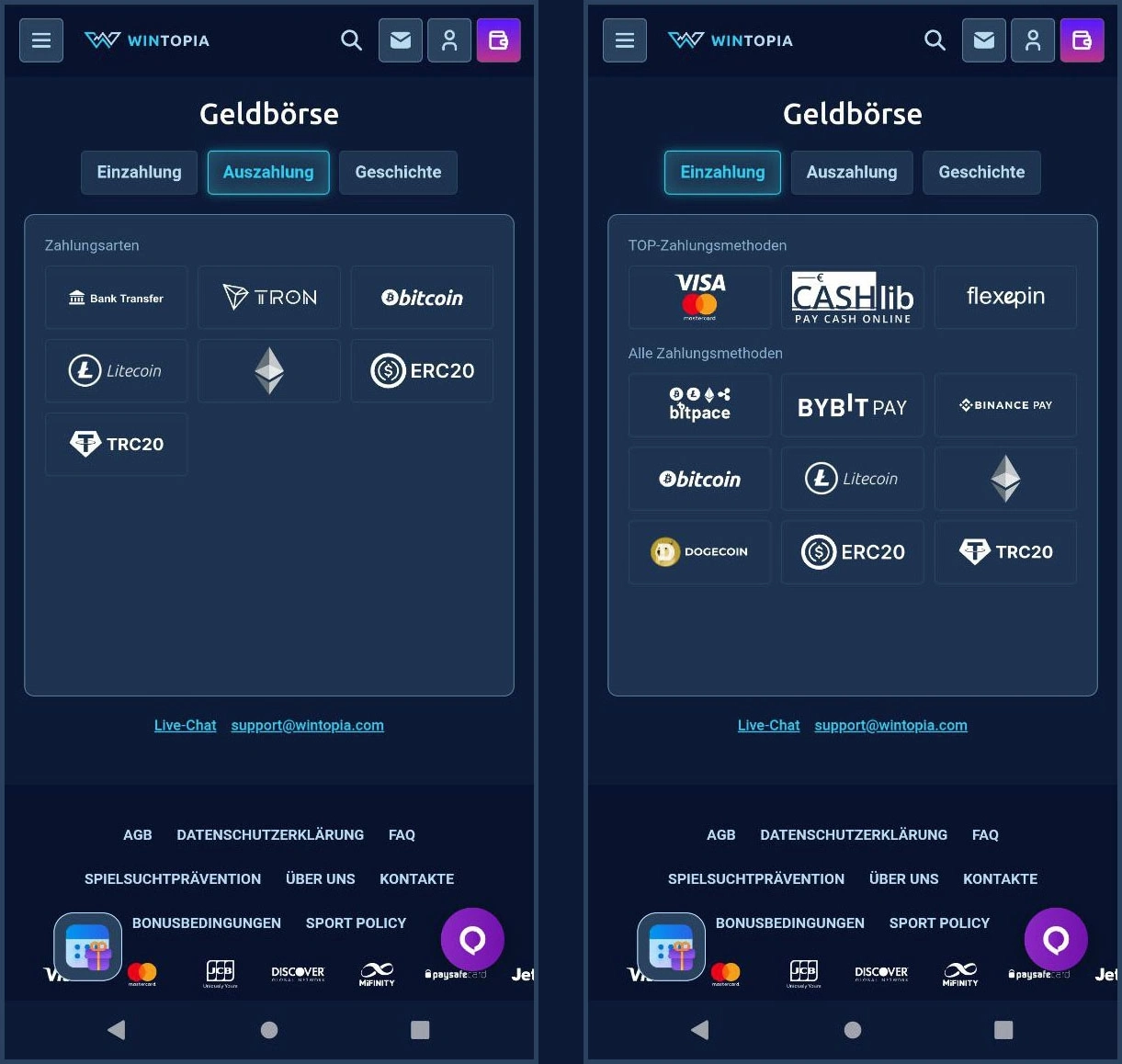 Zahlungsmethoden Übersicht bei Wintopia